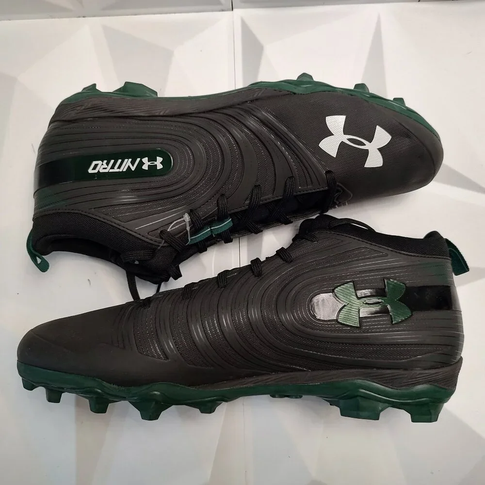 Under Armour Mens Football Cleat 16 Black Green Shoe Lacrosse Nitro Mid MC - Picture 2 of 10